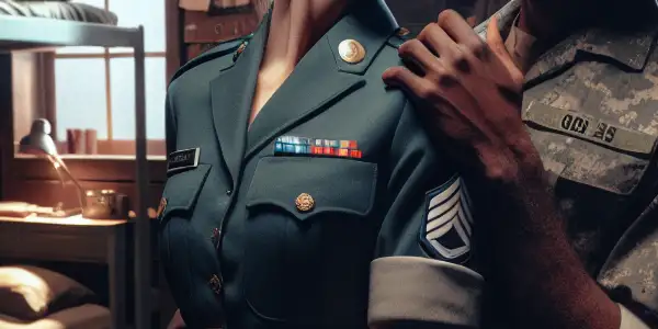 A female soldier shares a tense, intimate moment with a fellow soldier in a military barracks.