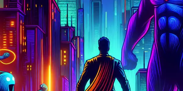 A heroic figure inspired by Ultraman stands on a neon-lit rooftop, surrounded by whimsical monsters in a vibrant cityscape.