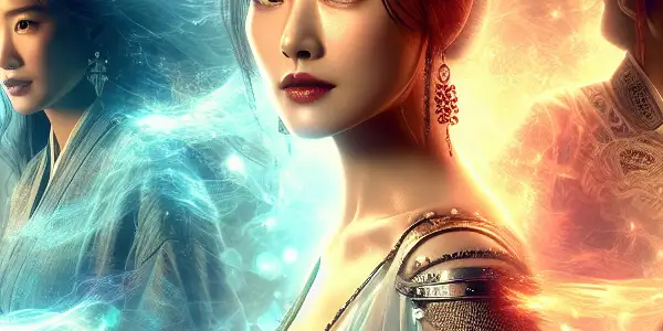 A vibrant movie poster featuring scenes of 阿娇 in action, romance, and fantasy roles, showcasing her diverse filmography.