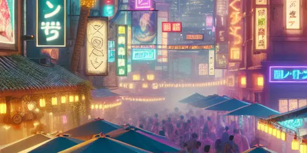 A bustling Bangkok nightlife scene filled with colorful neon lights, diverse travelers, and lively outdoor bars.