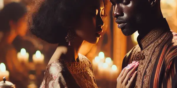 A passionate couple in a dimly lit, luxurious bedroom, embodying desire and intimacy amidst rich decor.