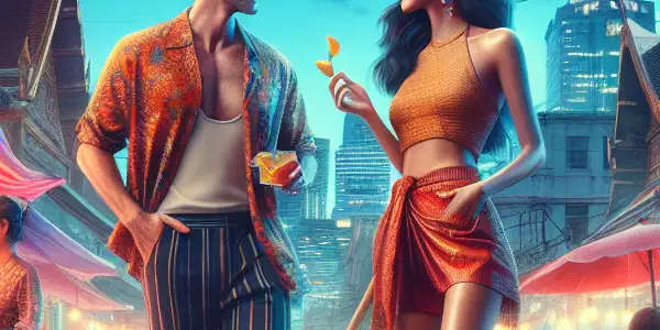 A vibrant Bangkok street at night, featuring neon lights, a lively market, and flirtatious characters in stylish attire.