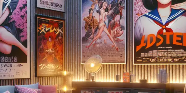 A vibrant film screening room featuring contrasting Japanese AV and Western adult film posters, with cozy seating and a popcorn machine.