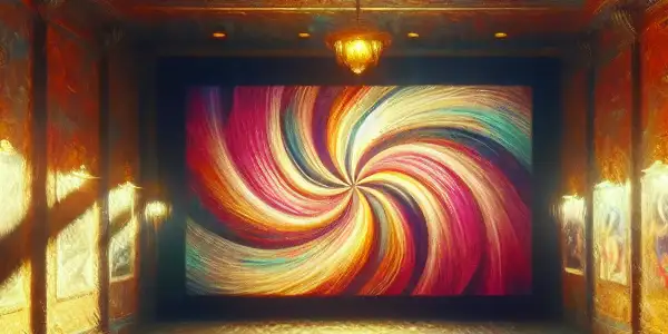 A vintage movie theater interior with plush red seats, shadowy patrons, and abstract visuals on screen.