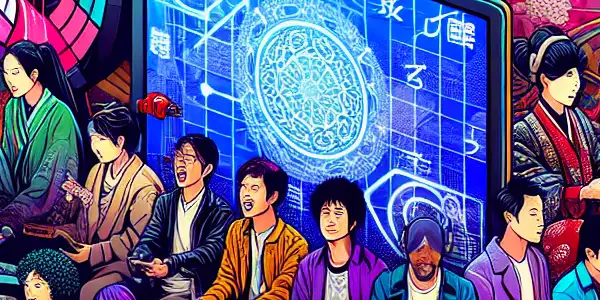 A vibrant online forum featuring animated avatars discussing Japanese adult entertainment amidst neon colors and cultural motifs.