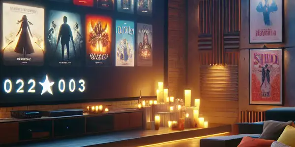 A cozy home theater with a large screen displaying enticing adult film images and plush seating.