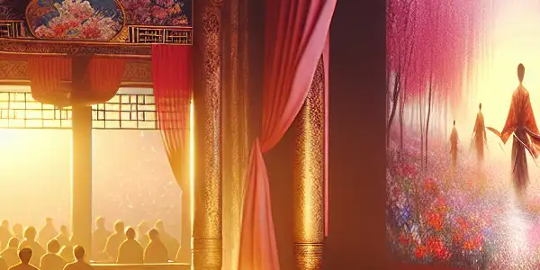 A serene cherry blossom garden at dusk, blending traditional aesthetics with hints of Japanese adult entertainment culture.