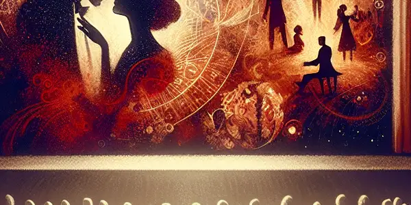 A luxurious cinema scene with adults captivated by an abstract film depicting intimacy and desire, surrounded by plush decor.