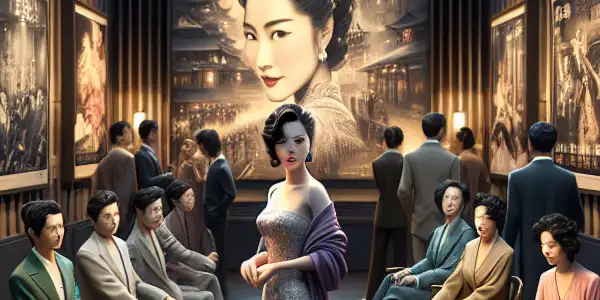 A prominent Asian actress engages with fans at a film festival in a modern cinema, surrounded by artistic film posters.