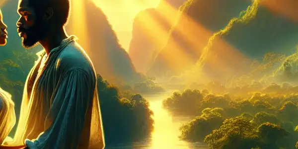 A passionate couple shares an intimate moment in a lush valley by a serene river, surrounded by vibrant flowers.