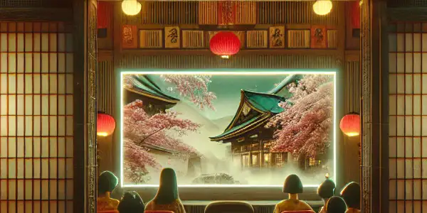 A vintage Japanese cinema entrance with a neon sign, cherry blossoms, and characters in traditional attire, evoking nostalgia.