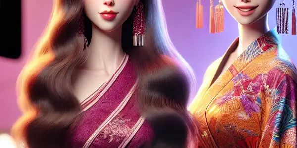 Two renowned Japanese adult film actresses on a glamorous film set, showcasing charm and playful energy.