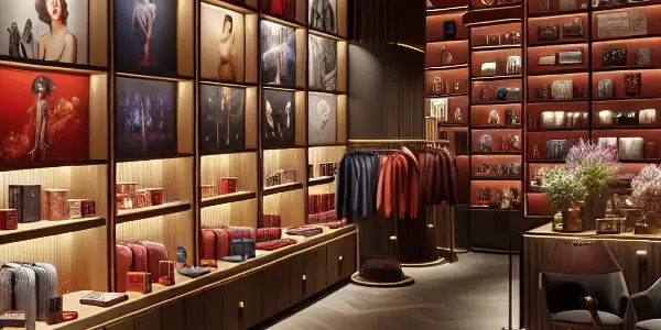 An elegant adult toy store featuring colorful displays, a cozy viewing area, and a warm, inviting atmosphere.