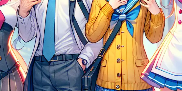 A playful group of characters in vibrant uniforms, exuding confidence against a soft-focus city backdrop.