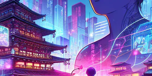 A futuristic virtual reality scene featuring a viewer immersed in an interactive Japanese adult film against a vibrant urban landscape.