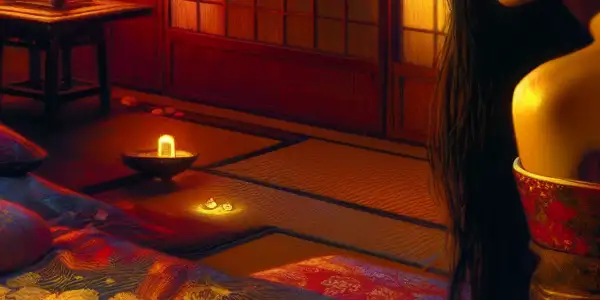 A young woman gazes out a window in a dimly lit bedroom, surrounded by cherry blossoms and hints of a complex relationship.