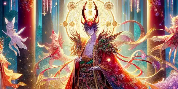 A mystical forest scene featuring a seductive spirit surrounded by mythical creatures and enchanting flora.