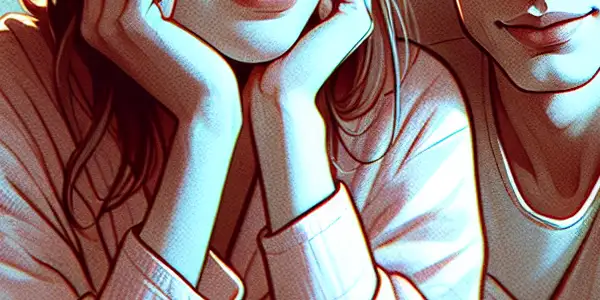 A tender, intimate moment between two characters in a softly lit, cozy setting, conveying deep emotions and connection.