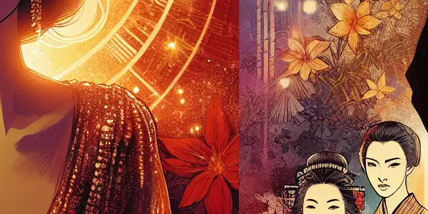 A glamorous character named Nicole in an elegant gown, set against a dreamy, culturally fused background.