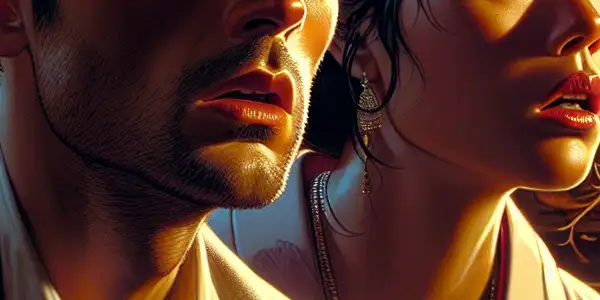 A dramatic scene depicting a male and female character in an intense gaze, reflecting longing and tension in a traditional Japanese setting.