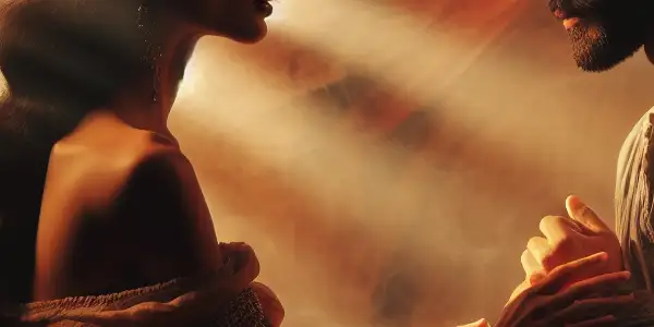 An intimate scene of a woman and man sharing a deep emotional connection in a softly lit room.