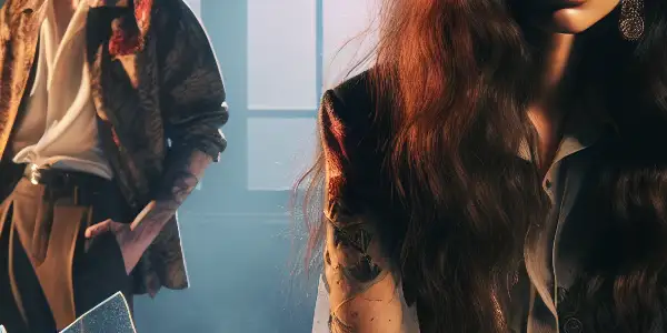 A tense scene of a woman and man in a dim room, symbolizing fractured relationships and emotional turmoil.