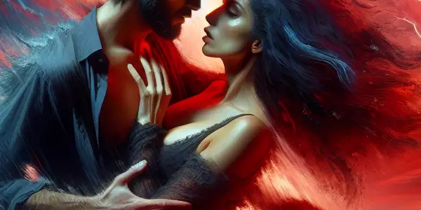 A stormy sky frames two figures in a passionate embrace, embodying emotional turmoil and connection amidst chaos.