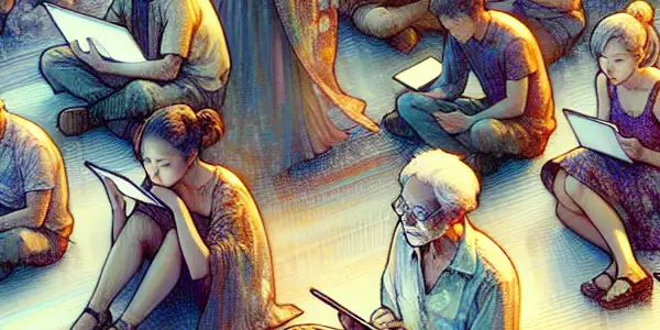 A diverse group of individuals engaging in discussions and viewing adult content in a cozy, intimate virtual environment.