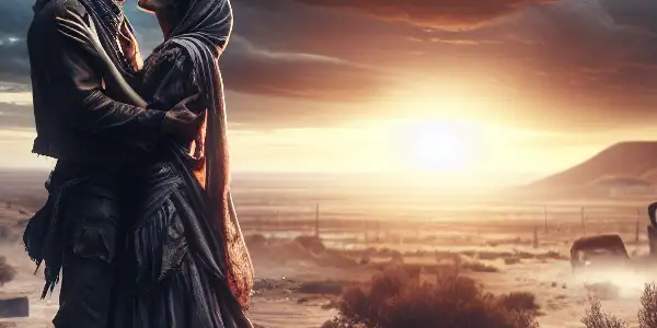 A passionate embrace between two characters in a desolate, post-apocalyptic landscape under a dramatic twilight sky.