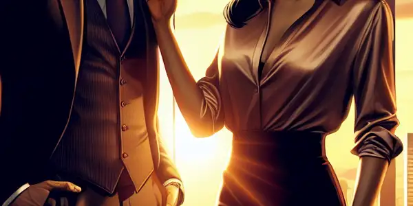 A powerful CEO and an ambitious female employee share a charged moment in a modern office at sunset.