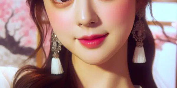 A charming Korean actress with a round face, playful expression, set against a blend of traditional and modern backgrounds.