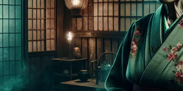 An enigmatic old woman in traditional attire stands in a shadowy, rustic Japanese room filled with eerie elements.