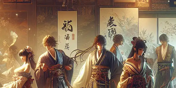 A dimly lit intimate space featuring diverse characters in suggestive clothing, illustrating passionate narratives with Japanese cultural motifs.