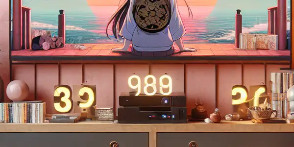 A cozy living room featuring a TV displaying a blurred Japanese film, surrounded by anime posters and snacks.