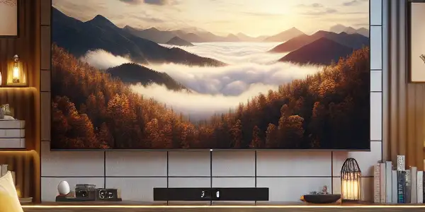 A cozy modern living room with a plush sofa, Asian decor, and a TV displaying a classic Japanese film.